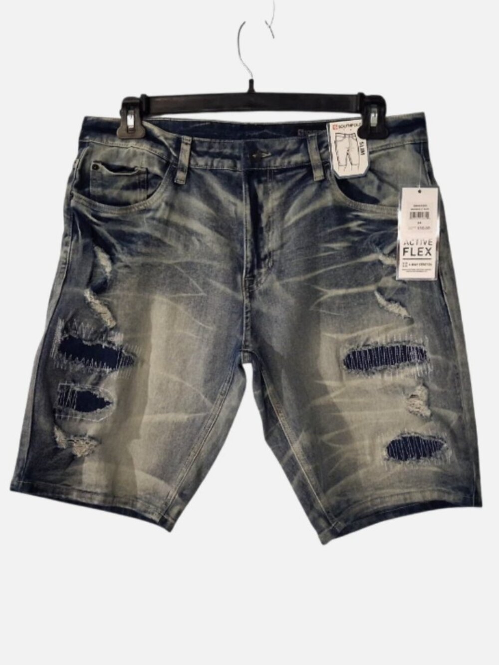 Southpole Denim Shorts Sz 34 Active Flex slim 4 way stretch Distressed LT Blue
